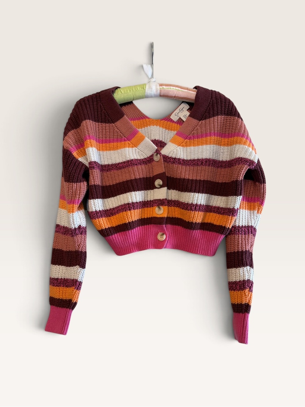 Y2K Jessica Simpson Multi-Stripe Cropped V-Neck Cardigan - Pink & Burgundy